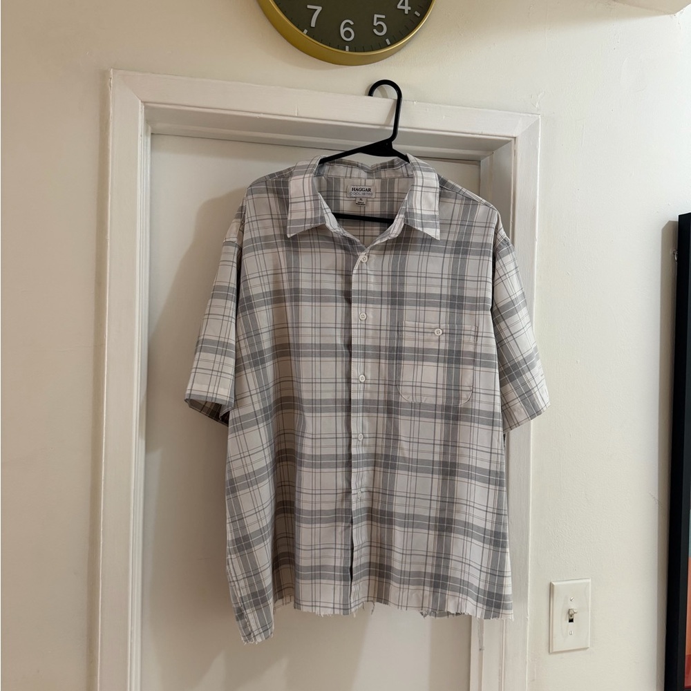 Haggar Gray Plaid Casual Button Down Shirt
